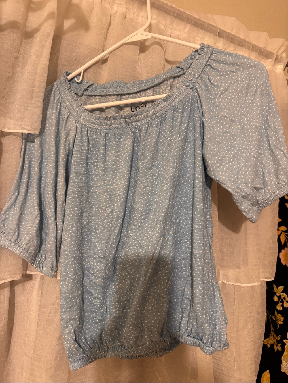 LOFT Sky Blue Off-the-Shoulder Puff Sleeve Blouse